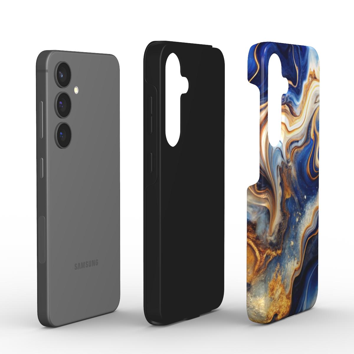 Explosionsansicht Liquid Flow Azure Storm Tough Case: Smartphone, TPU-Innenschale und PC-Außenschale getrennt dargestellt, stoßdämpfende Konstruktion.