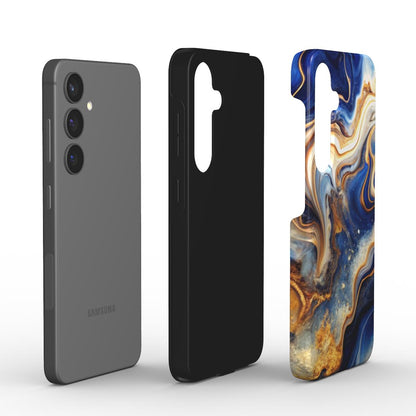 Explosionsansicht Liquid Flow Azure Storm Tough Case: Smartphone, TPU-Innenschale und PC-Außenschale getrennt dargestellt, stoßdämpfende Konstruktion.