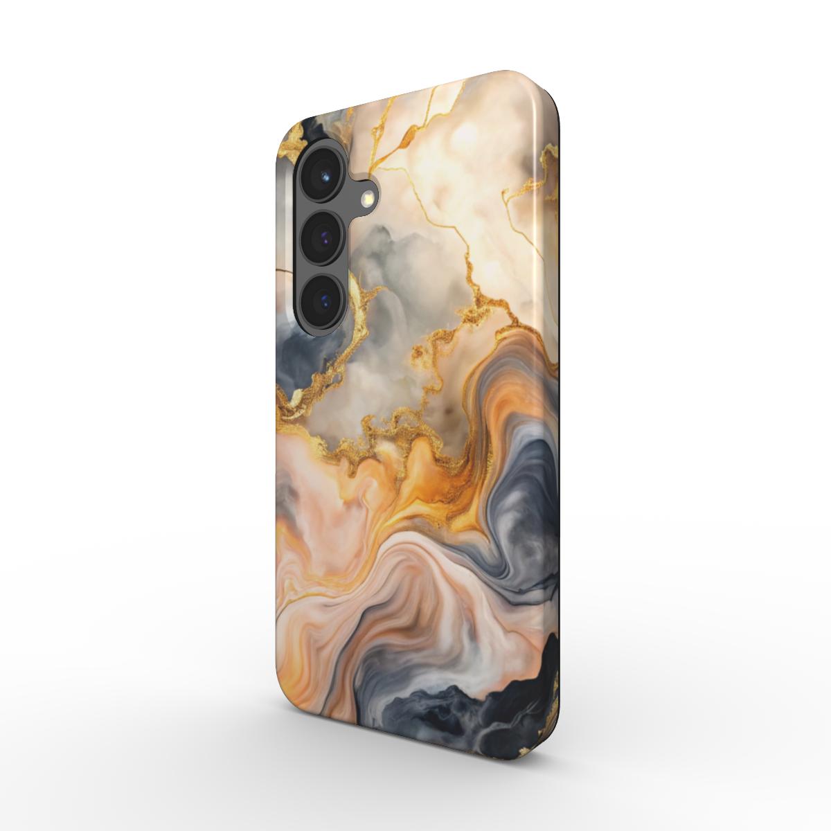 Golden Dusk Tough Case – Schrägansicht: Stoßfeste Handyhülle mit gold-beigem Marmorfluss-Design, Dual-Layer PC+TPU.