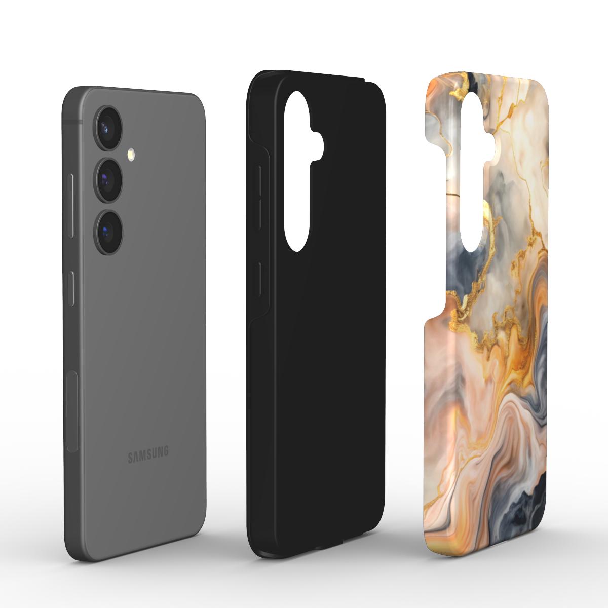 Explosionsansicht Liquid Flow Golden Dusk Tough Case: Smartphone, TPU-Innenschale und PC-Außenschale getrennt – stoßdämpfende Struktur sichtbar.