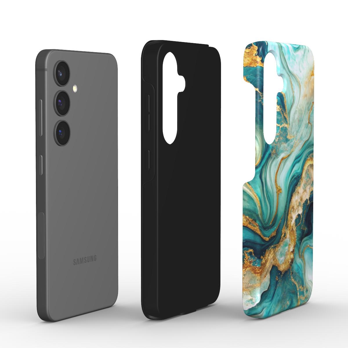 Explosionsansicht Liquid Flow Emerald Waves Tough Case: Smartphone, TPU-Innenschale und PC-Außenschale separat dargestellt, strukturierte Stoßdämpfung.