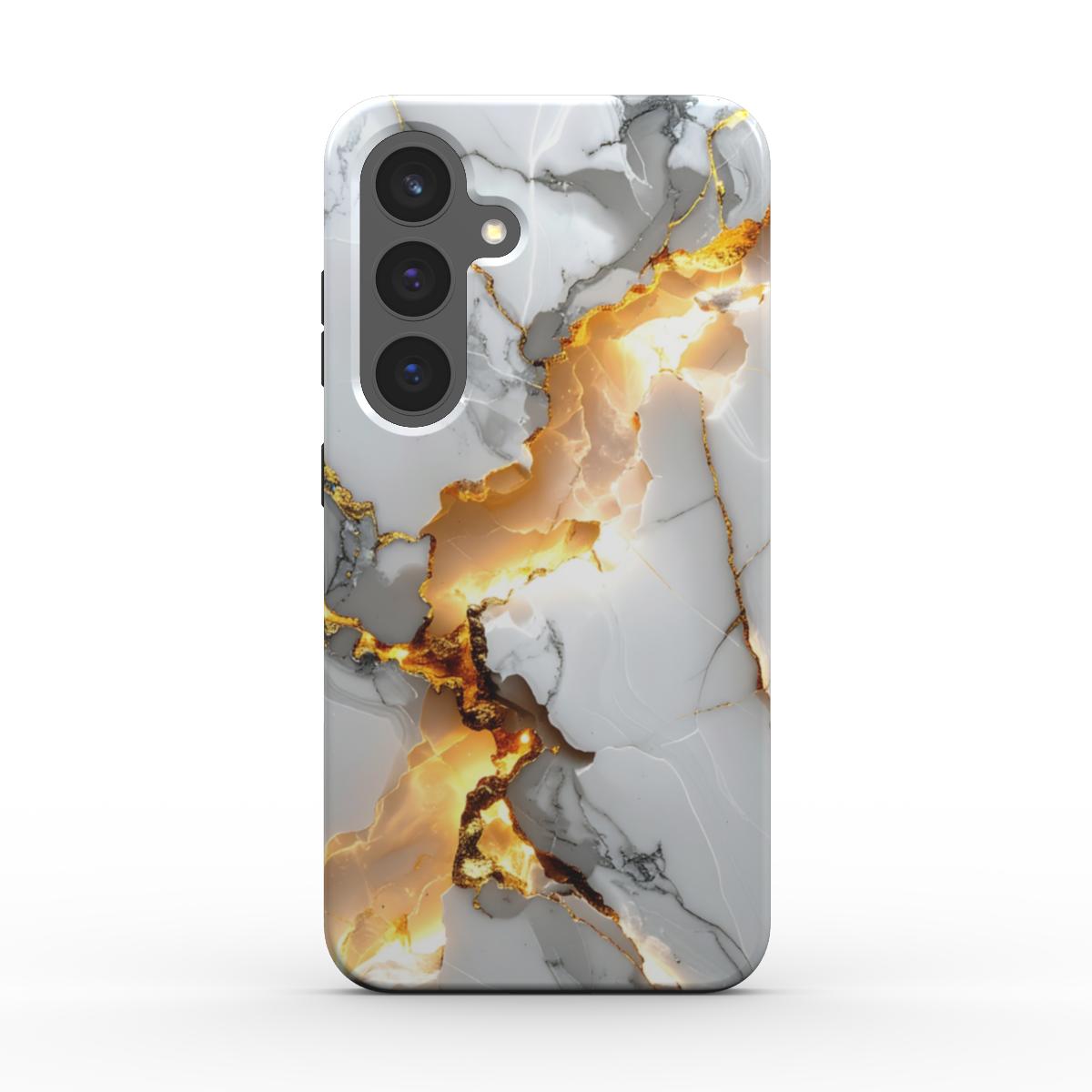 Rückseite der stoßfesten Marmor-Design Handyhülle „Golden Fracture“ mit goldenen Adern – präzise Kameraaussparung