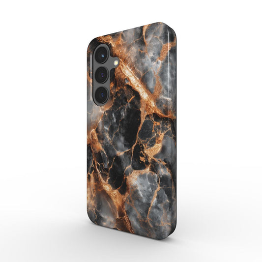 Stoßfeste Handyhülle Obsidian Flame – Rückseite im schwarzen Marmor-Design mit Kupferadern