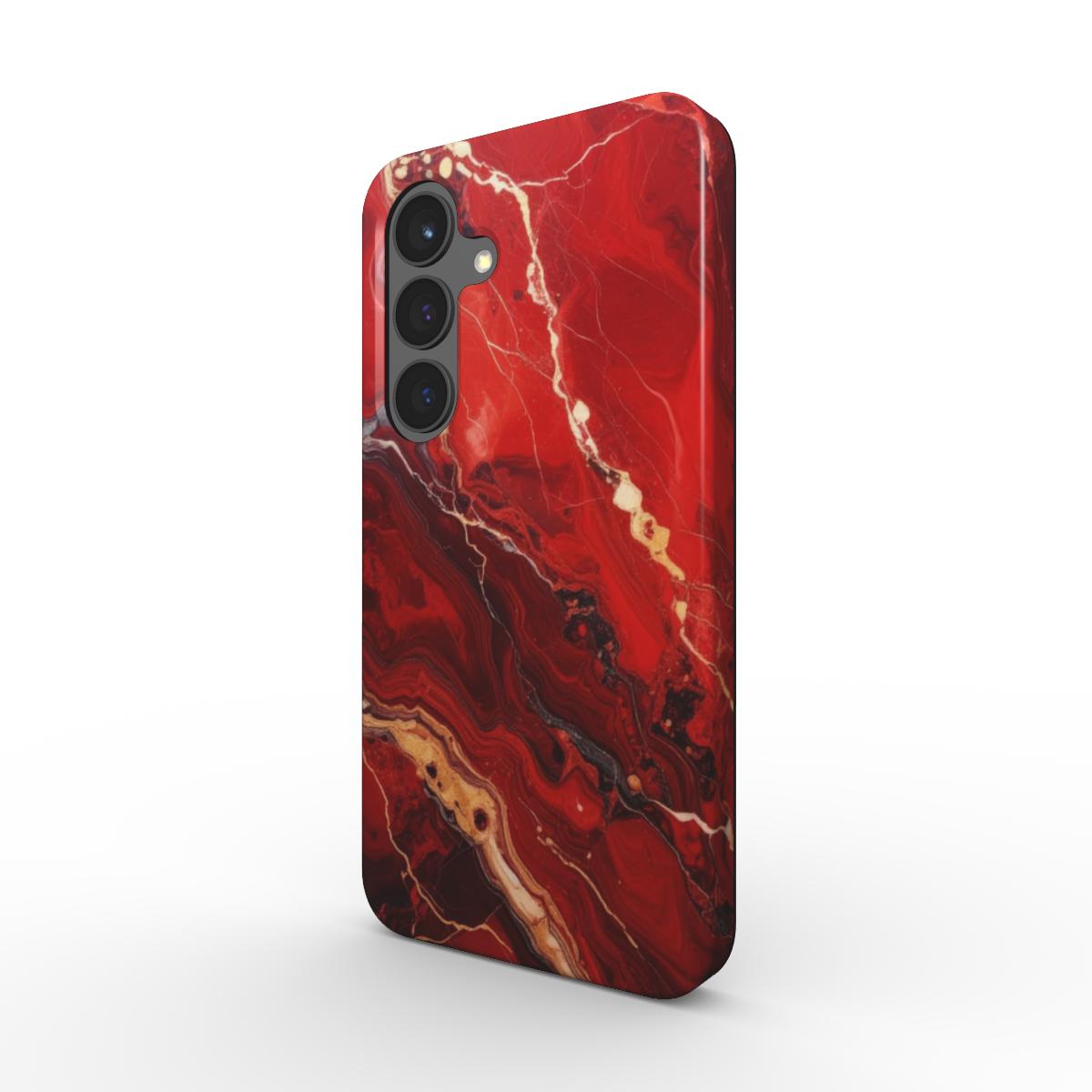Stoßfeste Handyhülle Red Fusion – Rückseite im roten Marmor-Design mit goldenen Akzenten