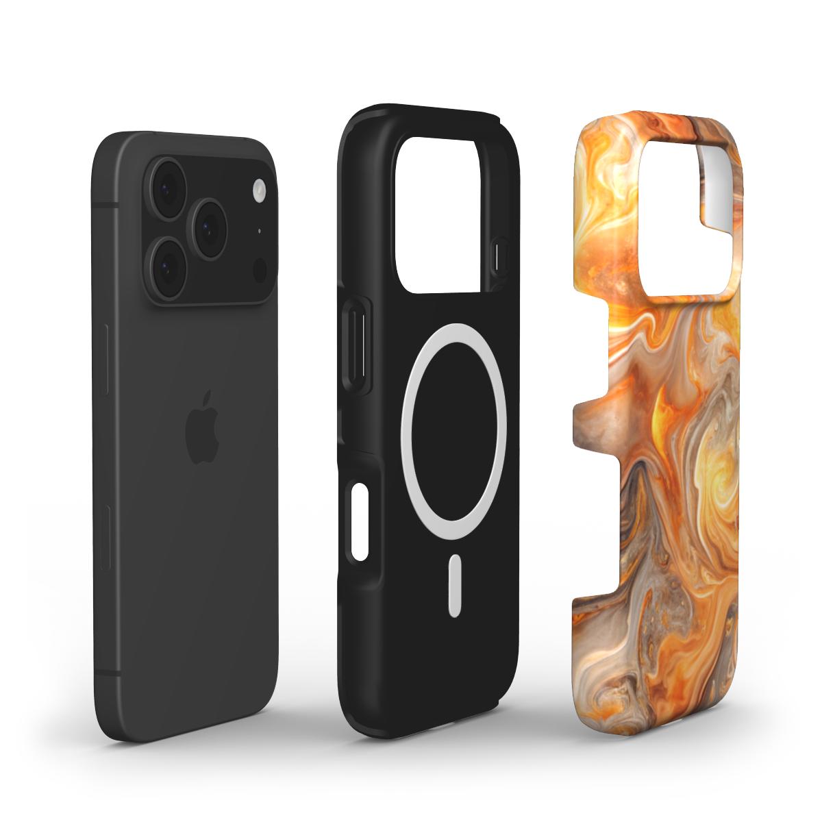 MagSafe Handyhülle Amber Blaze – Explosionsansicht mit Magnetring und Hüllenschichten