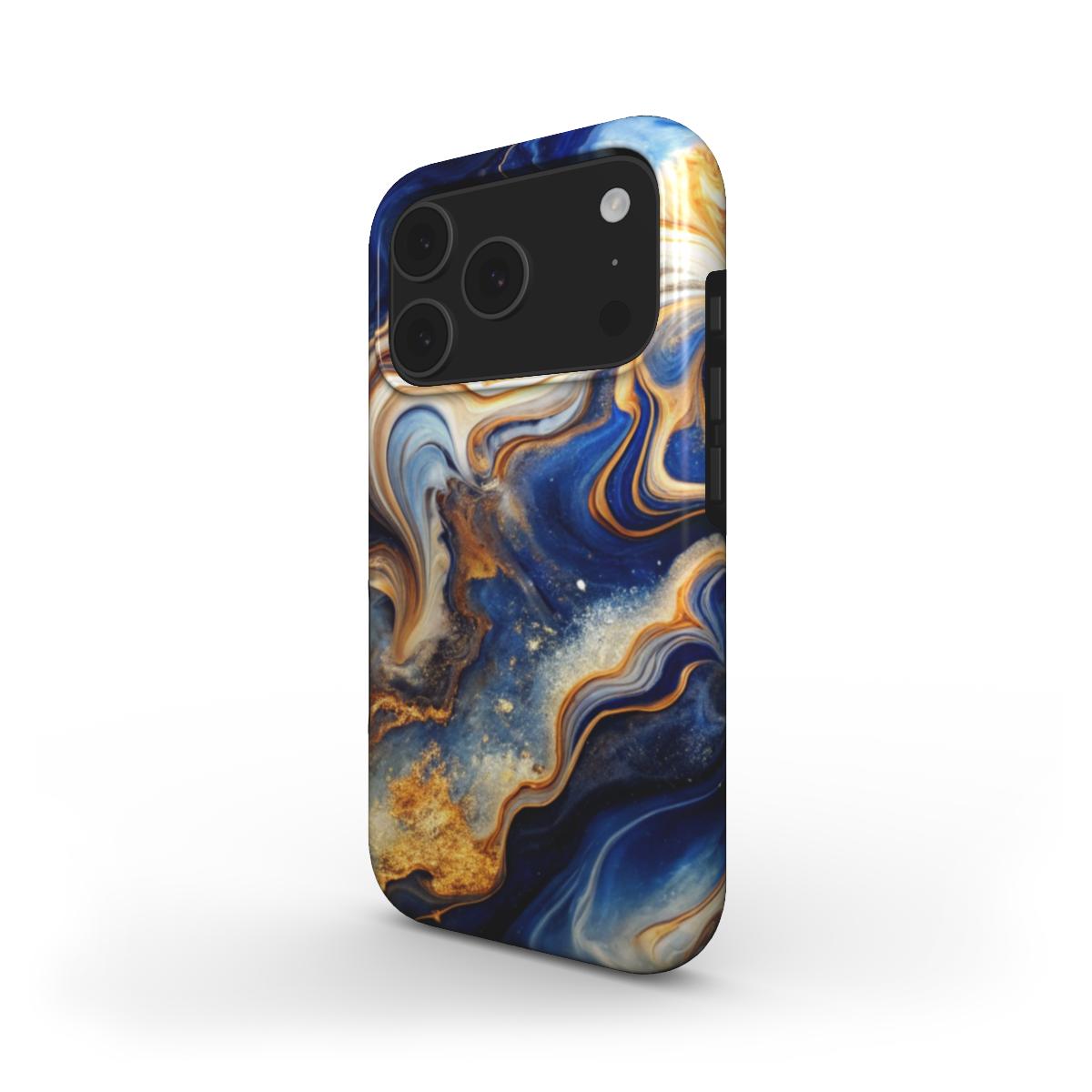 MagSafe Handyhülle Azure Storm – Seitenansicht mit blauer und goldener Marmorstruktur