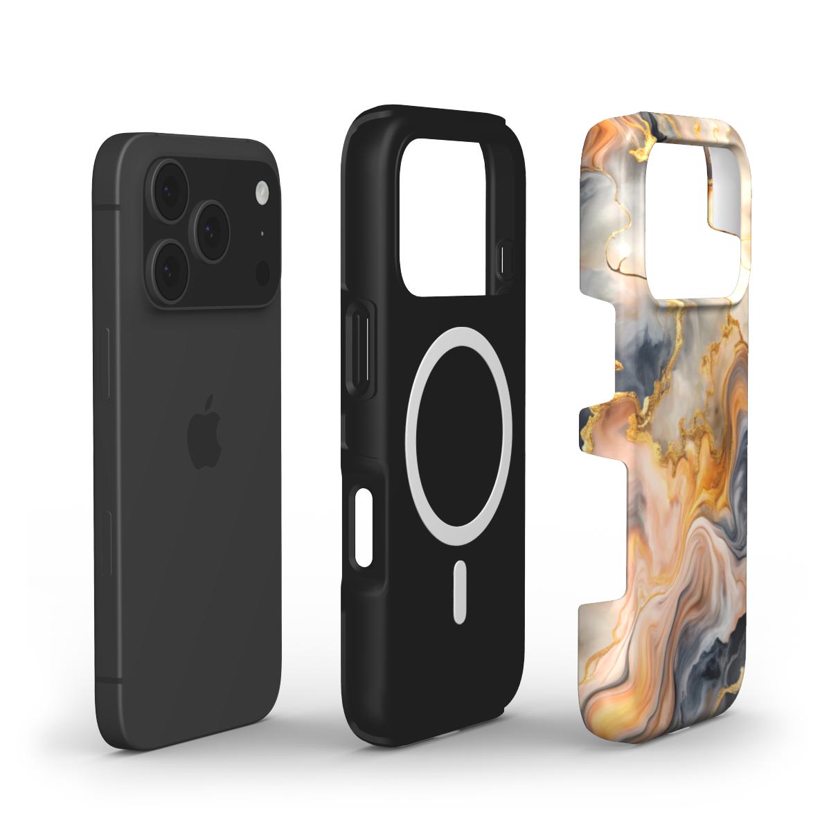 MagSafe Handyhülle Golden Dusk – Explosionsansicht mit Magnetring und Dual-Layer-Aufbau