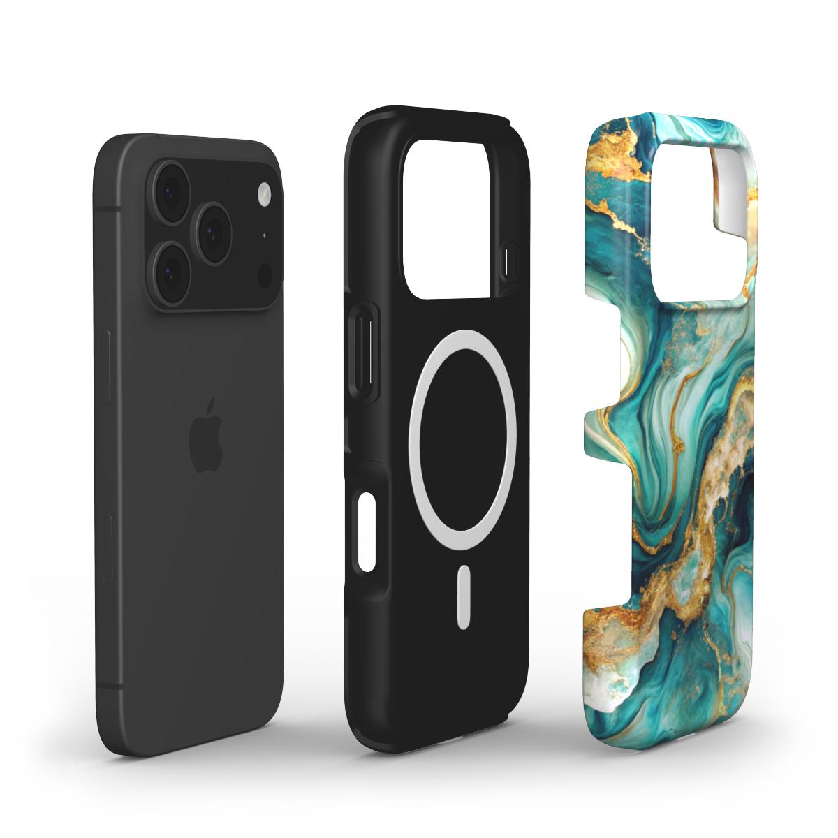 MagSafe Handyhülle Emerald Waves – Explosionsansicht mit Magnetring und Dual-Layer-Aufbau