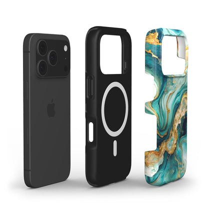 MagSafe Handyhülle Emerald Waves – Explosionsansicht mit Magnetring und Dual-Layer-Aufbau