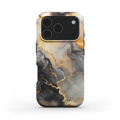 MagSafe Handyhülle Golden Ember Rückseite mit dunklem Marmor-Design und Goldadern