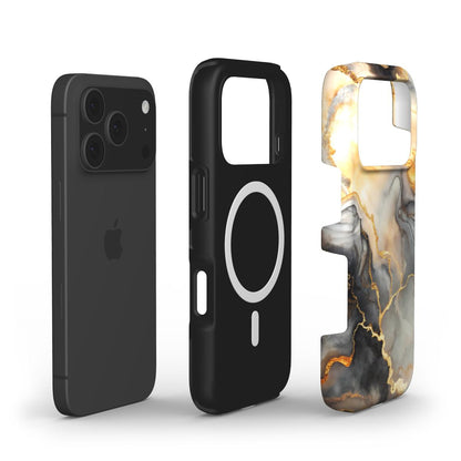 MagSafe Handyhülle Golden Ember – Explosionsansicht mit Magnetring und Dual-Layer-Aufbau