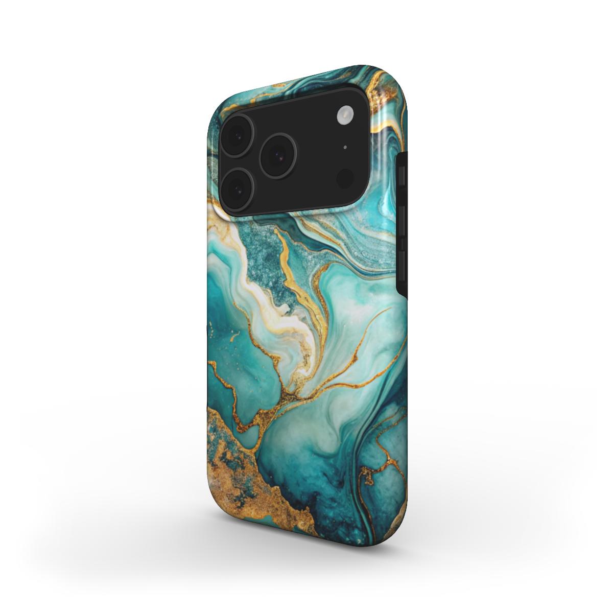 MagSafe Handyhülle Emerald Tide – Seitenansicht mit türkis-goldenem Wellenmuster