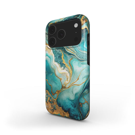 MagSafe Handyhülle Emerald Tide – Seitenansicht mit türkis-goldenem Wellenmuster