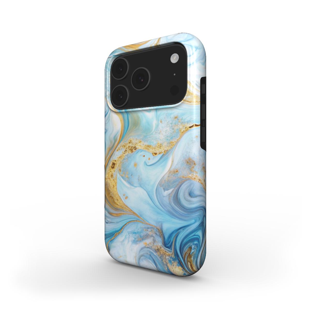MagSafe Handyhülle Azure Drift – Seitenansicht mit blau-goldenem Marmor-Design