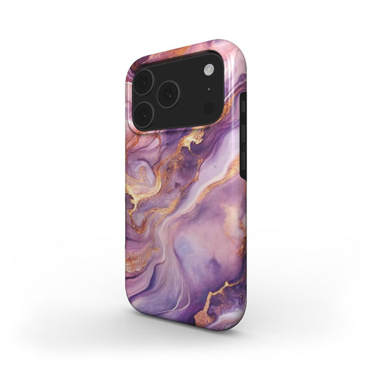 MagSafe Handyhülle Amethyst Drift – Seitenansicht mit violett-goldenem Marmor-Design