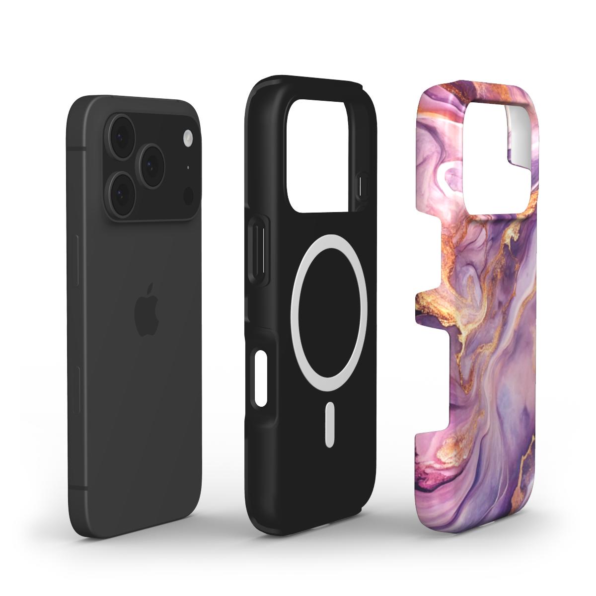 MagSafe Handyhülle Amethyst Drift – Explosionsansicht mit Magnetring und Dual-Layer-Schutz