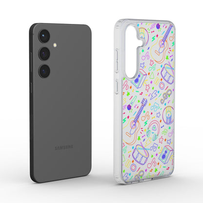 Transparente Musik-Handyhülle – buntes Musikdesign auf klarem TPU, Soft-Touch Oberfläche – Case neben Smartphone dargestellt