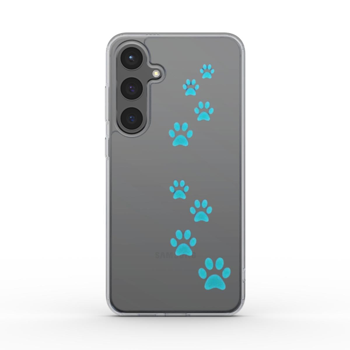 Transparente Handyhülle mit blauem Pfotenmotiv – minimalistisch, kratzfestes TPU – Rückseitenansicht