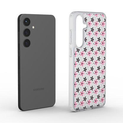 Transparente Blumen-Handyhülle neben Smartphone, Produktdarstellung.