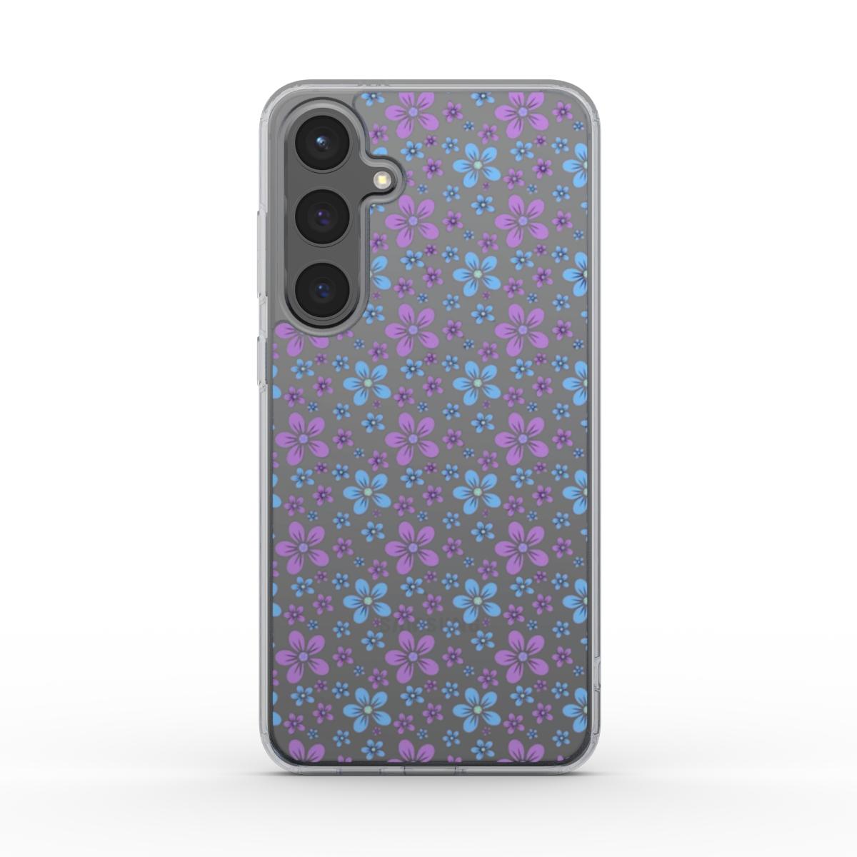 Rückansicht einer transparenten Smartphone-Hülle mit lila-blauem Blumen-Pattern.
