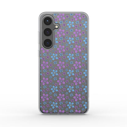 Rückansicht einer transparenten Smartphone-Hülle mit lila-blauem Blumen-Pattern.