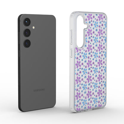 Transparente Blumen-Handyhülle neben Smartphone, Produktvisualisierung.