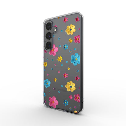 Transparente Handyhülle mit buntem 3D-Blumenmuster in schräger Rückansicht.