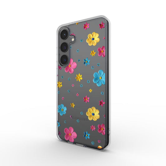Transparente Handyhülle mit buntem 3D-Blumenmuster in schräger Rückansicht.