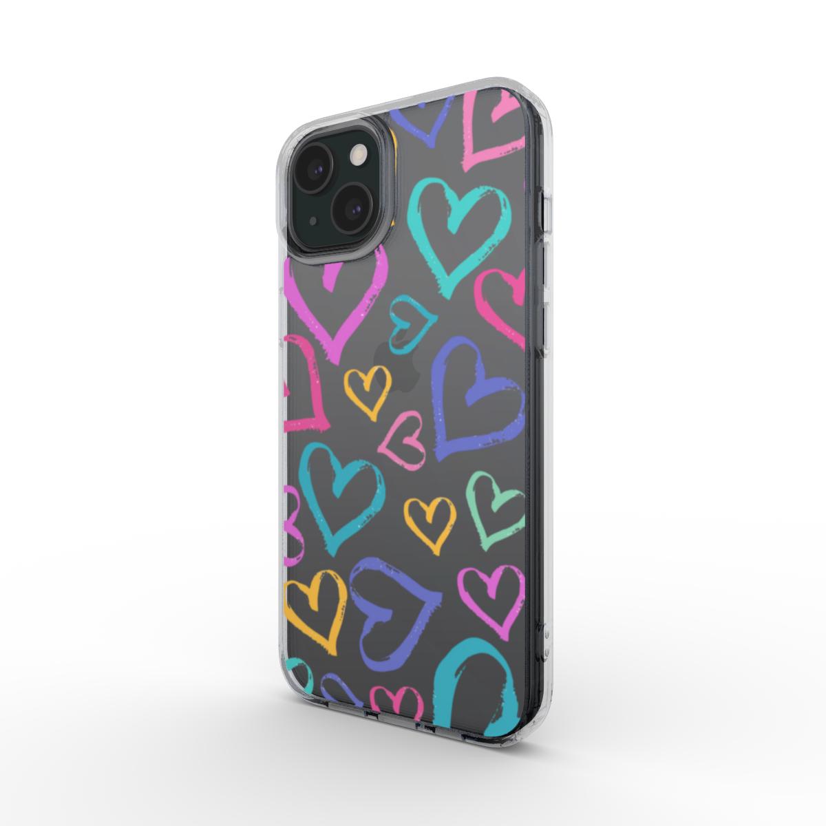 Transparente Handyhülle mit buntem Herz-Design in schräger Rückansicht.