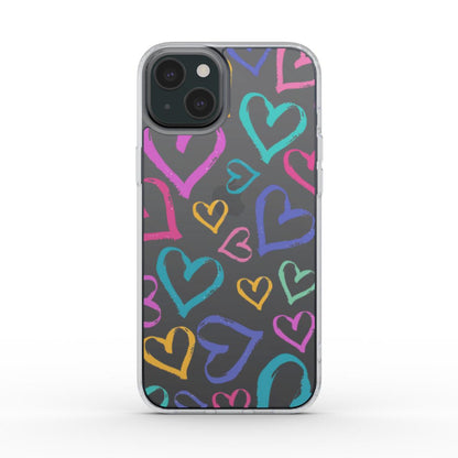 Rückansicht einer transparenten Smartphone-Hülle mit farbenfrohen Herzen.