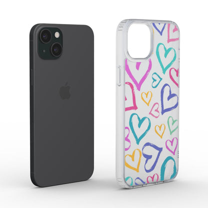 Transparente Herz-Handyhülle neben Smartphone, Produktdarstellung.