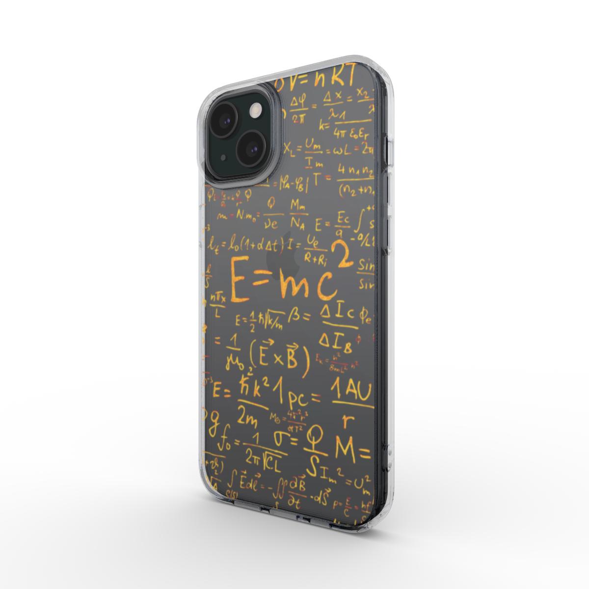 Transparente Handyhülle mit Mathe- und Physikformeln in schräger Rückansicht.