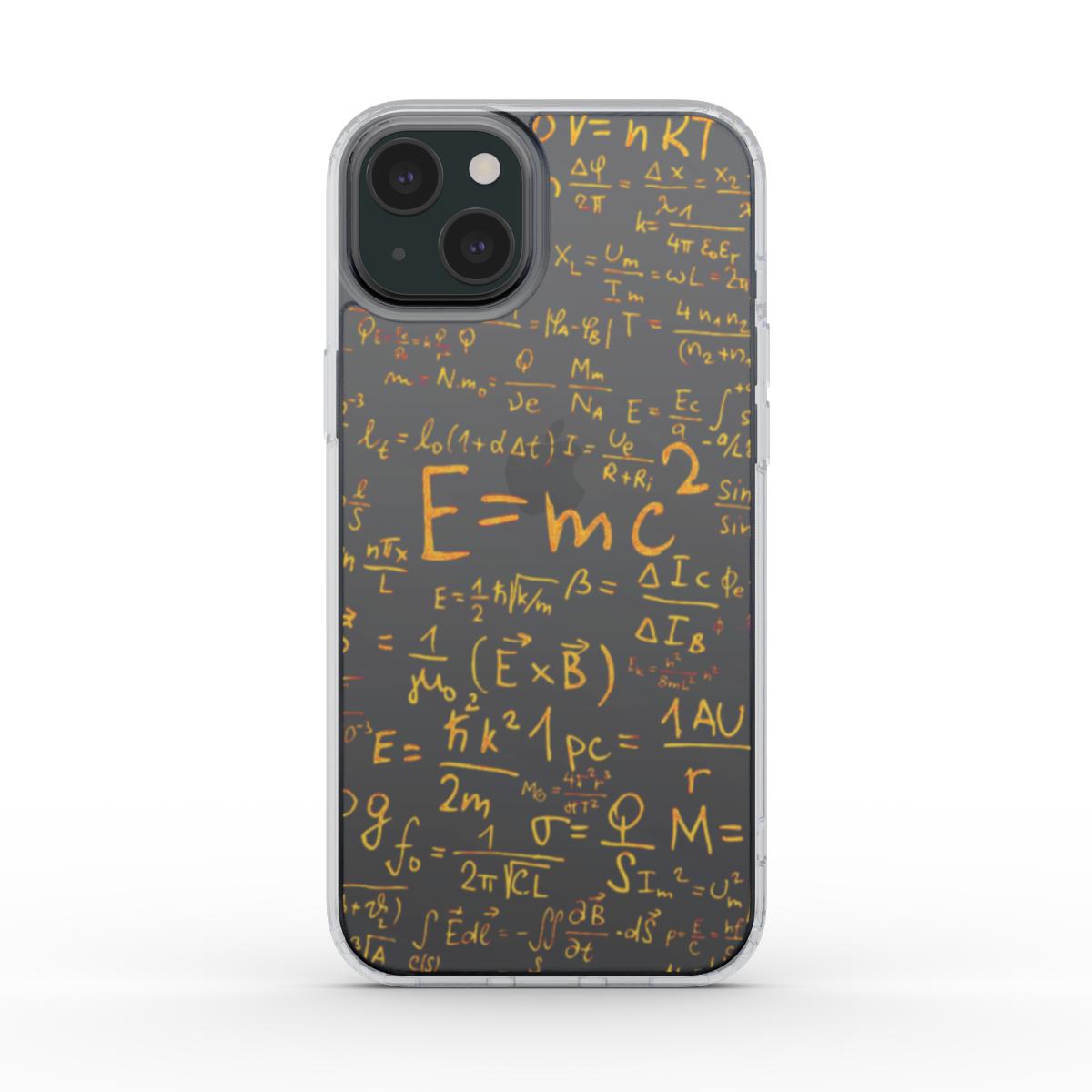 Rückansicht einer transparenten Hülle mit E=mc² und physikalischen Gleichungen.