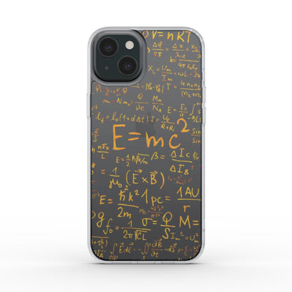 Rückansicht einer transparenten Hülle mit E=mc² und physikalischen Gleichungen.