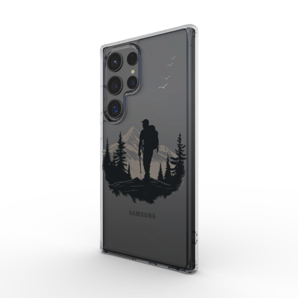 Transparente Handyhülle mit Berg- und Wandererdesign – Frontansicht am Smartphone