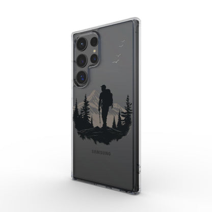 Transparente Handyhülle mit Berg- und Wandererdesign – Frontansicht am Smartphone