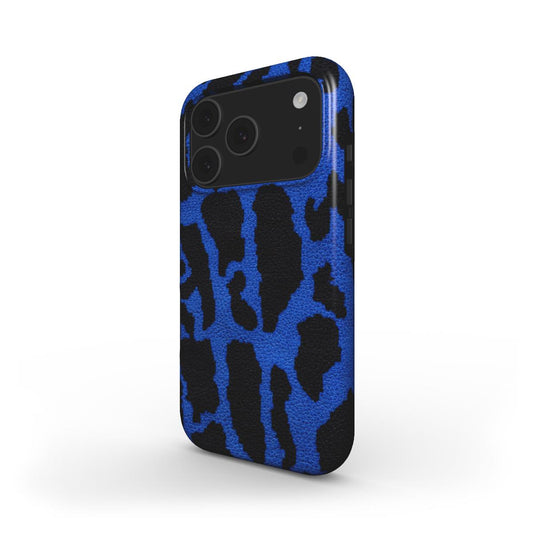 Smartphone Schutzhülle mit Leopardenmuster in Blau - schräge Ansicht