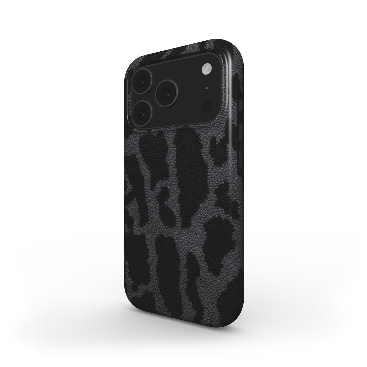 Smartphone Schutzhülle mit Leopardenmuster in Grau - schräge Ansicht
