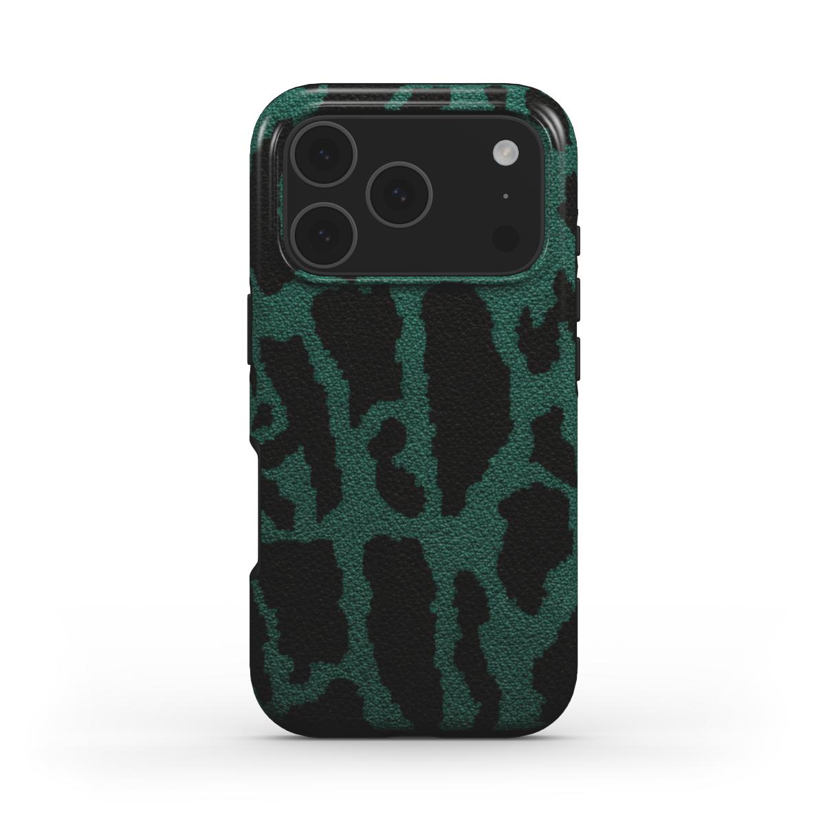 Rückseite der MagSafe Handyhülle Leopard Print Grün glänzend