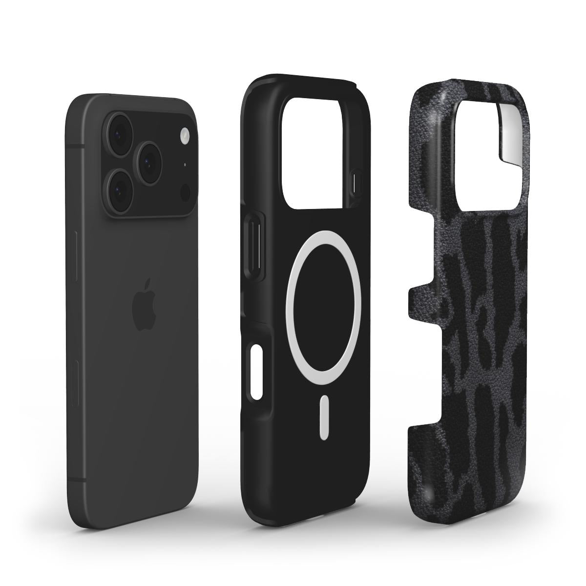 Zweischichtiger Dual-Layer Aufbau der Handyhülle im Leopardenmuster Grau mit integriertem MagSafe Ring