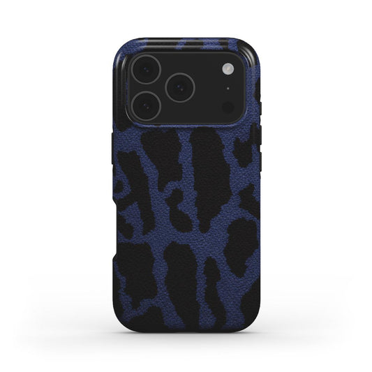 Rückseite der MagSafe Handyhülle Leopard Print Navy Blau glänzend
