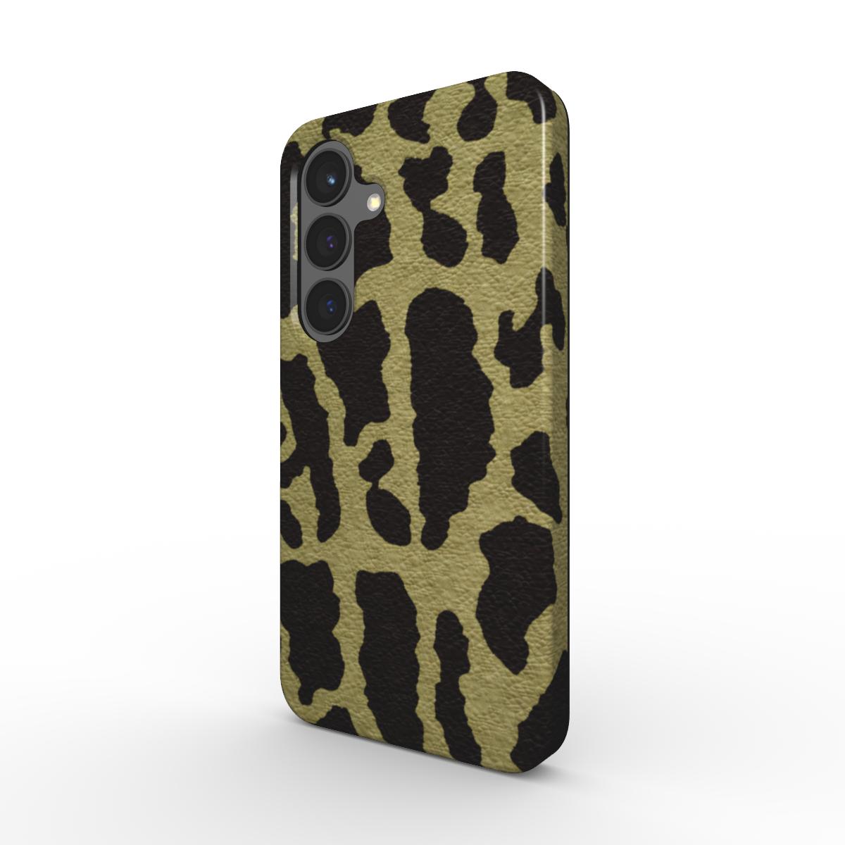 Magnetische Smartphone Schutzhülle mit Leopardenmuster in Militärgrün für Samsung und Pixel - schräge Ansicht