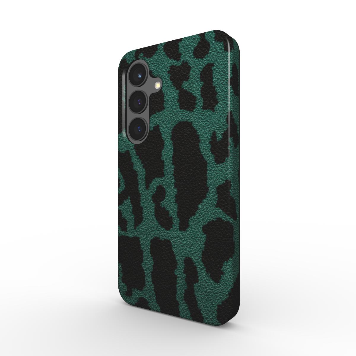 Magnetische Smartphone Schutzhülle mit Leopardenmuster in Grün für Samsung und Pixel - schräge Ansicht
