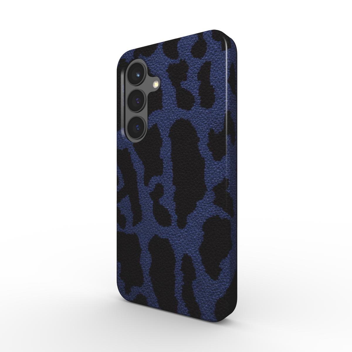 Magnetische Smartphone Schutzhülle mit Leopardenmuster in Navy Blau für Samsung und Pixel - schräge Ansicht