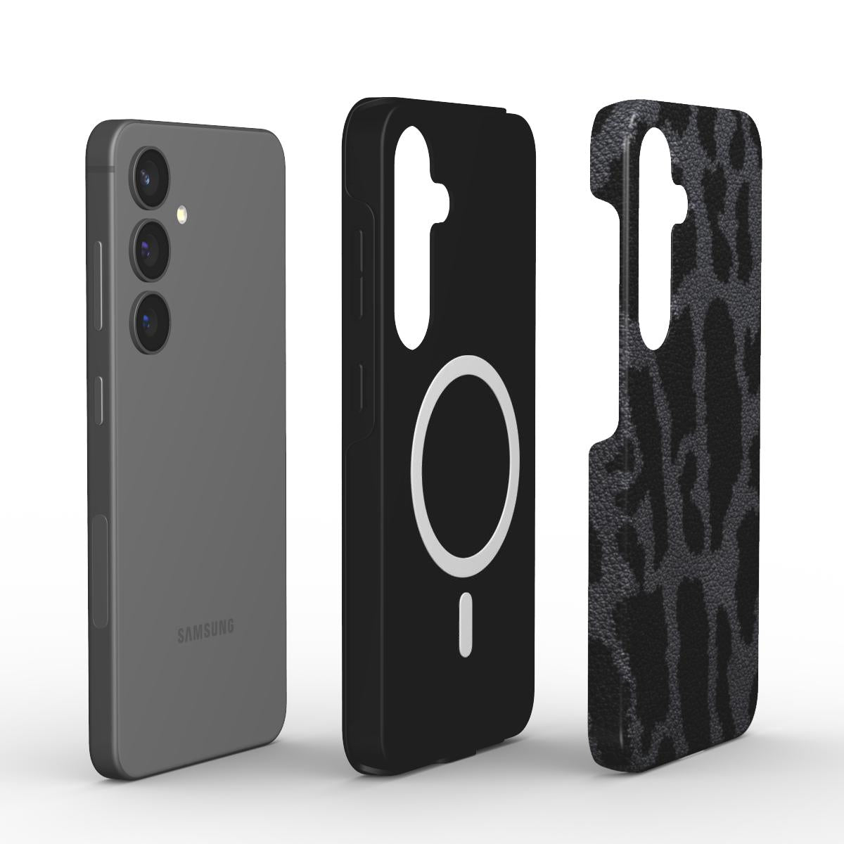 Zweischichtiger Dual-Layer Aufbau der Handyhülle im Leopardenmuster Grau mit integriertem Magnetring