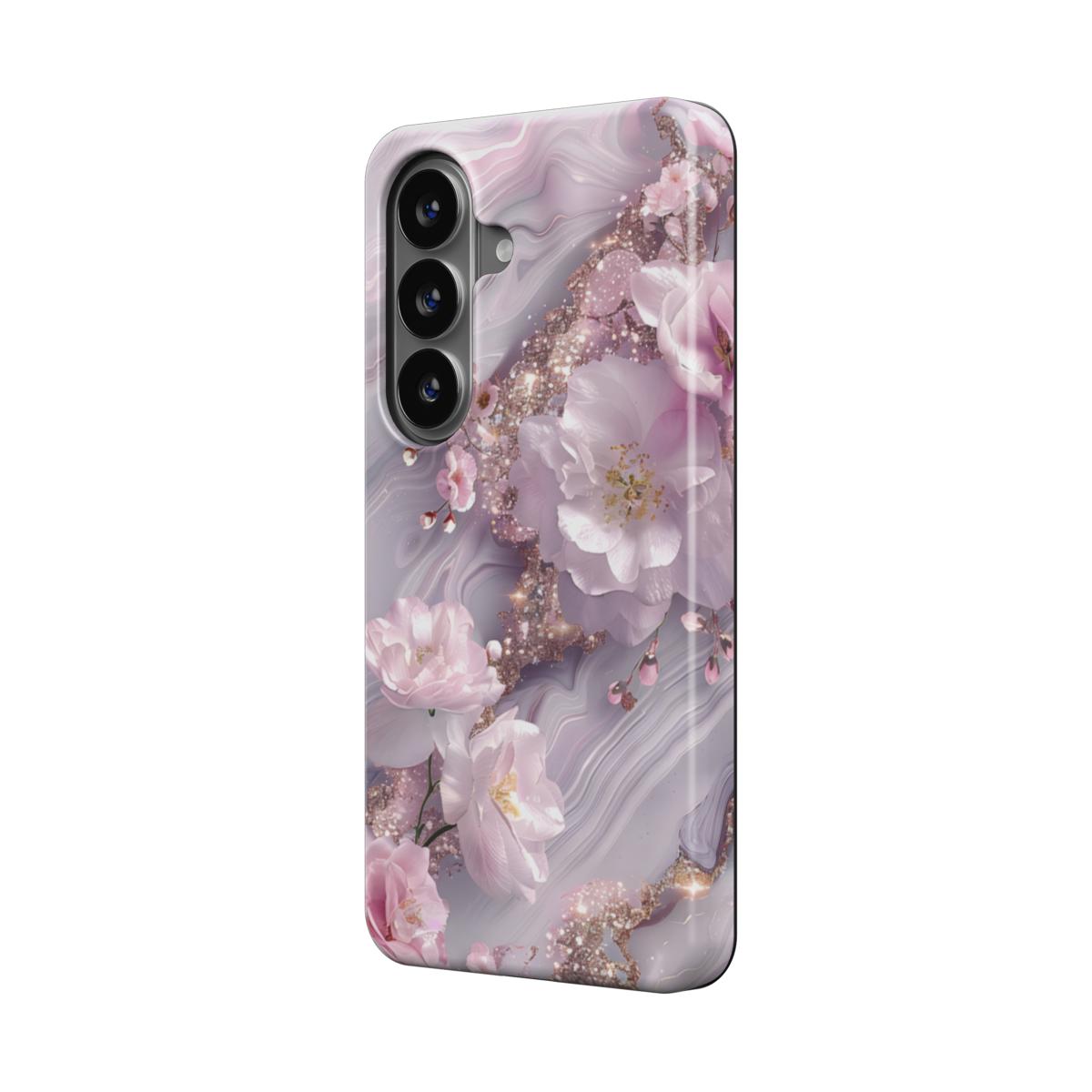 Magnetische Handyhülle Rosa Blüten & Marmor Vorderansicht