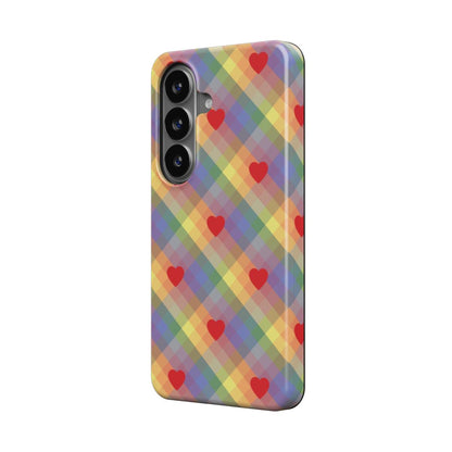 Magnetische Handyhülle Regenbogen Karo Herzen Design