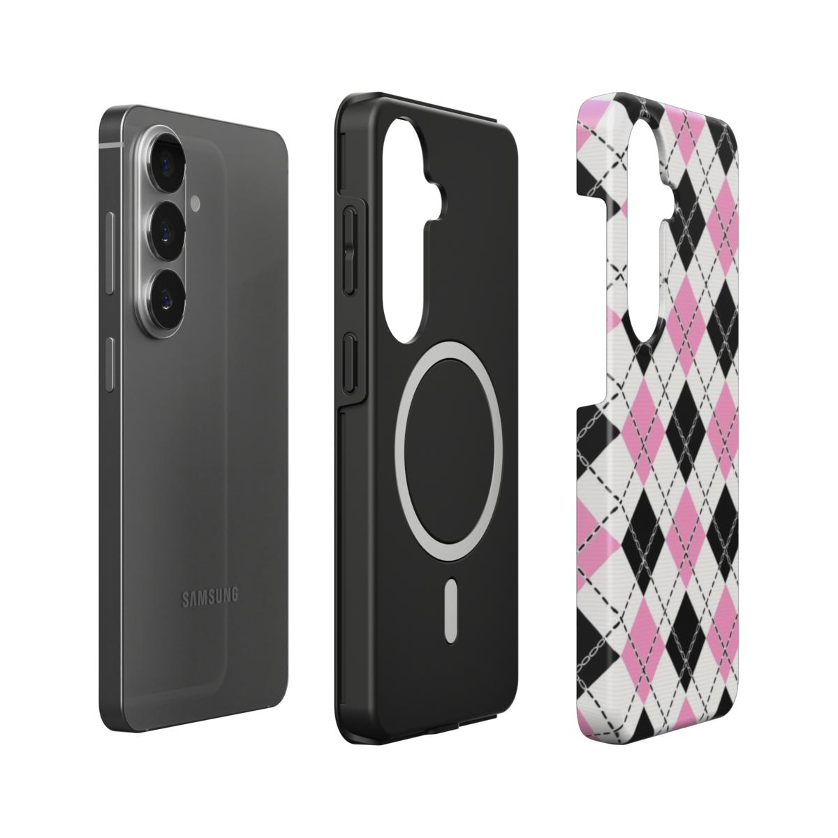 Stoßfeste Dual-Layer Handyhülle Seitenansicht Pink-Schwarz Karo