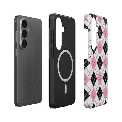 Stoßfeste Dual-Layer Handyhülle Seitenansicht Pink-Schwarz Karo