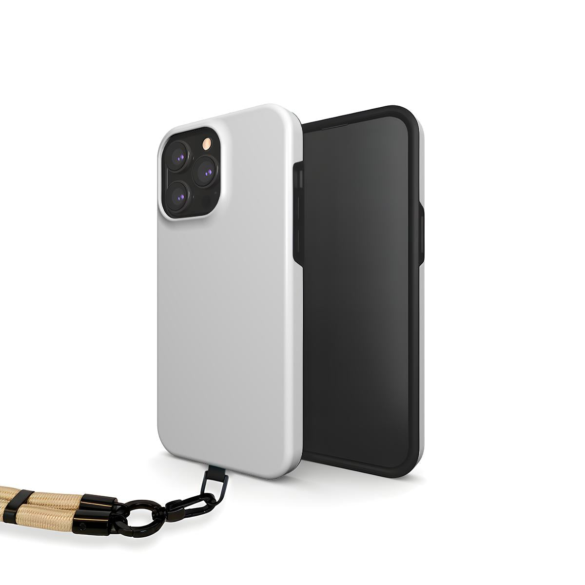 Weiße Smartphone-Hülle mit montierter beiger Handgelenkschlaufe.